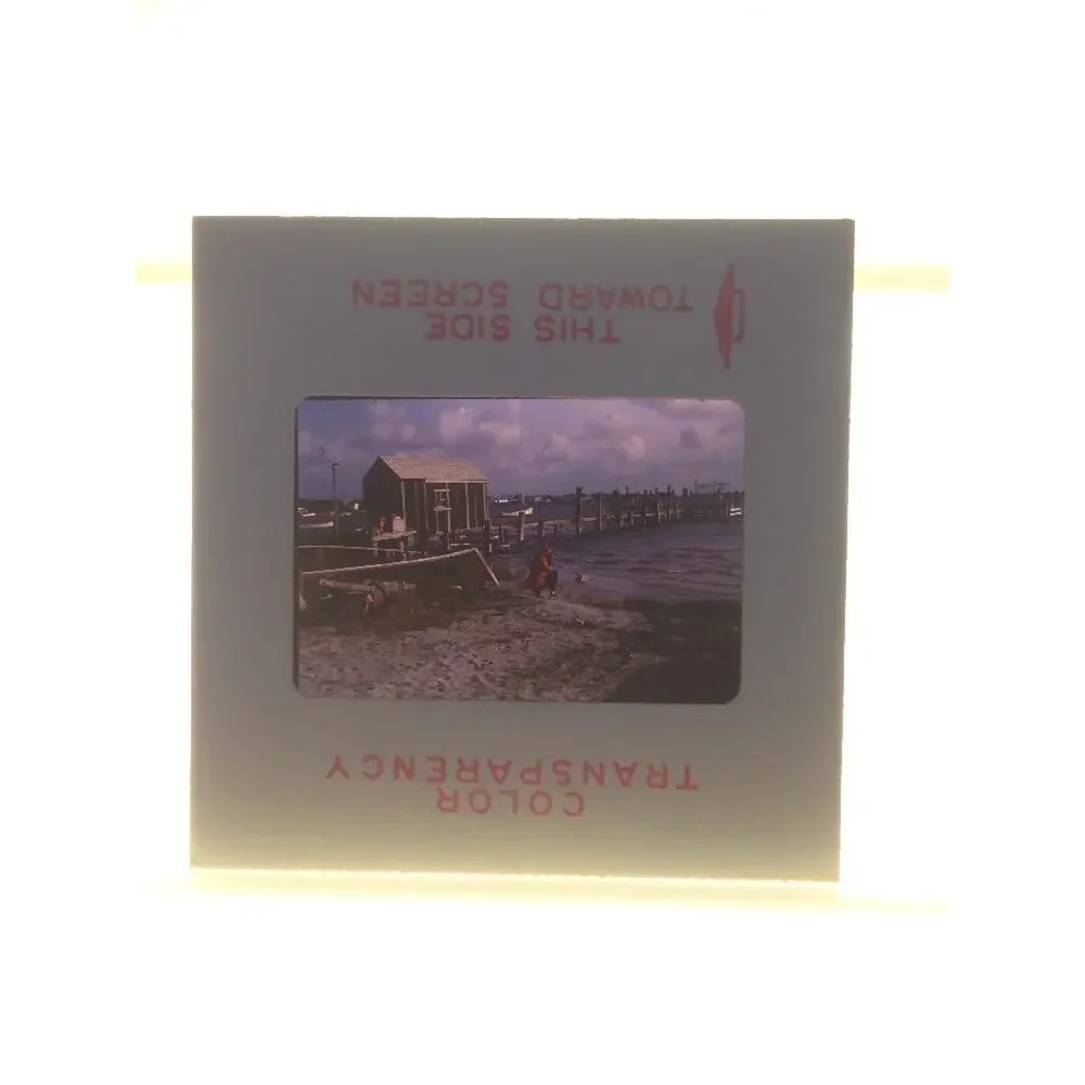 Vintage 1971 Ocean Pier Small Town Tourist Boats Clouds Photograph Color Slide